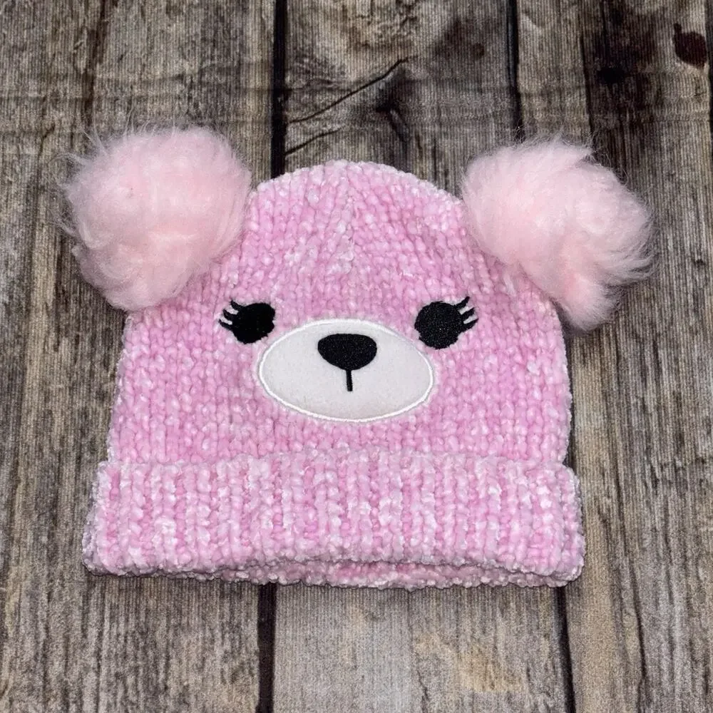 Claire's Club Pink Bear Face Pom Pom Beanie Hat Girls